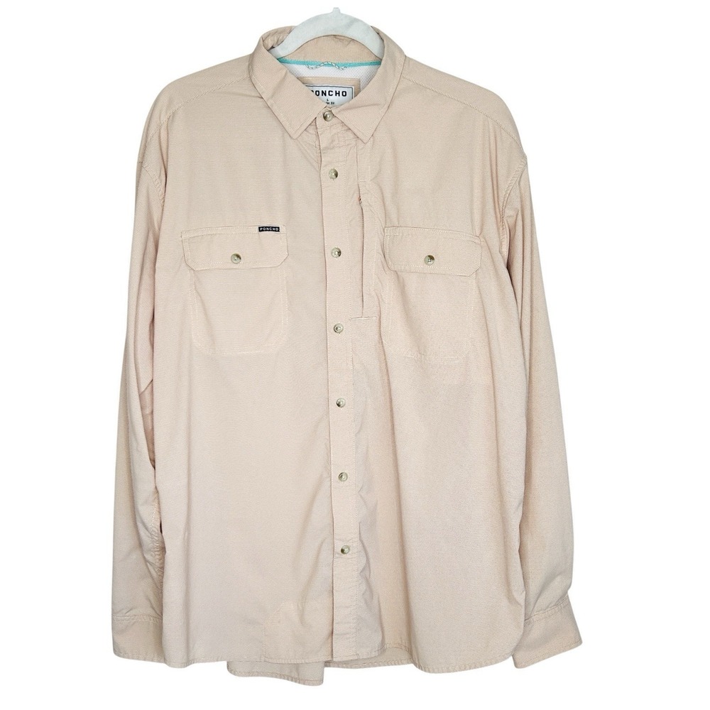 Poncho Outdoors Fishing Shirt L Check Button Long Sl Magnetic Pockets Roll Tab
